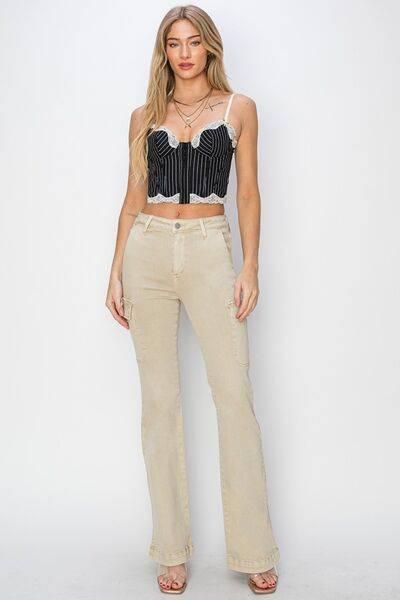 RISEN Full Size High Rise Side Slit Cargo Bootcut Jeans - Clothes For Her Online Store