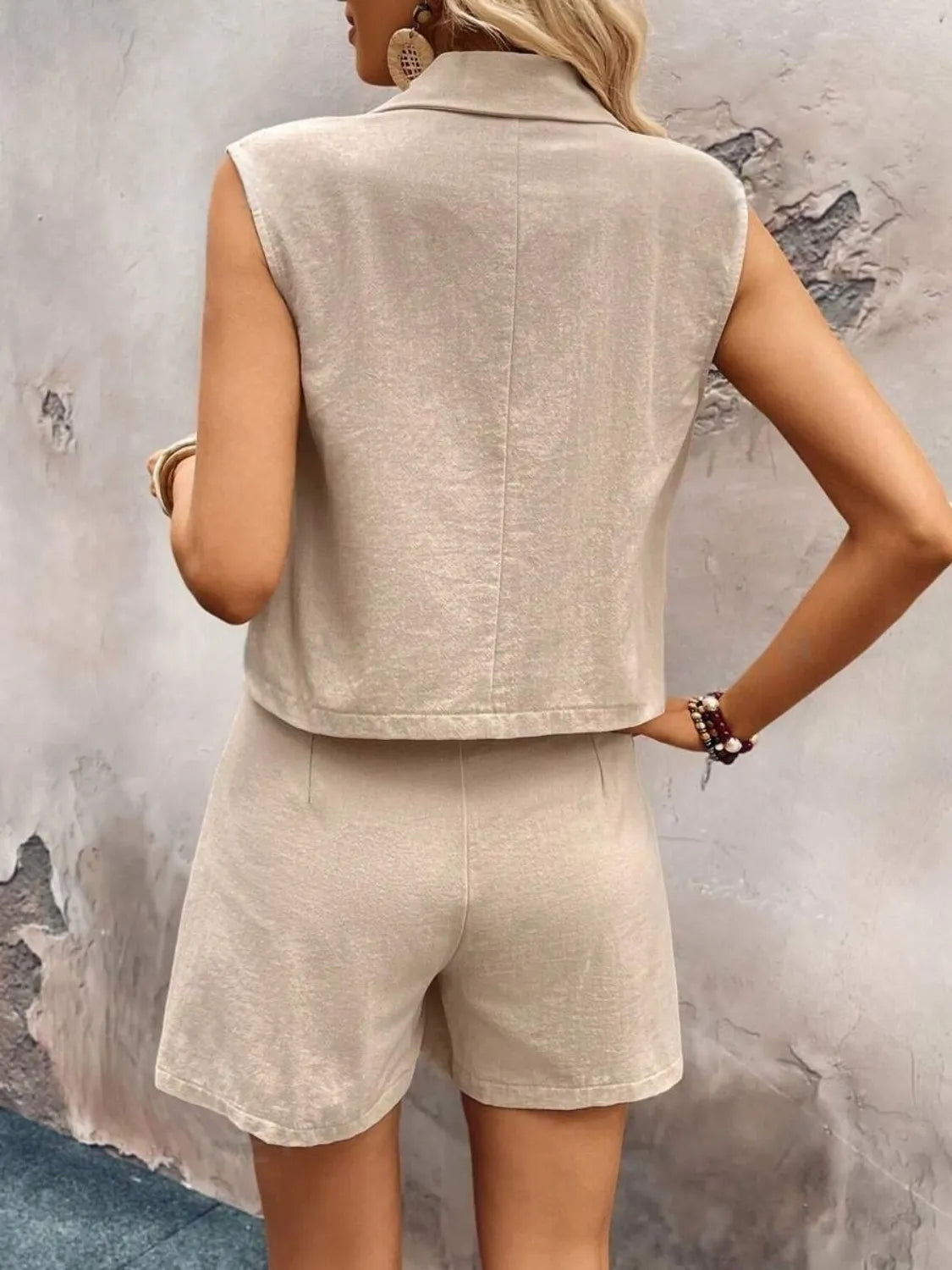 One Button Sleeveless Top and Shorts Set - Clothes For Her Online Store