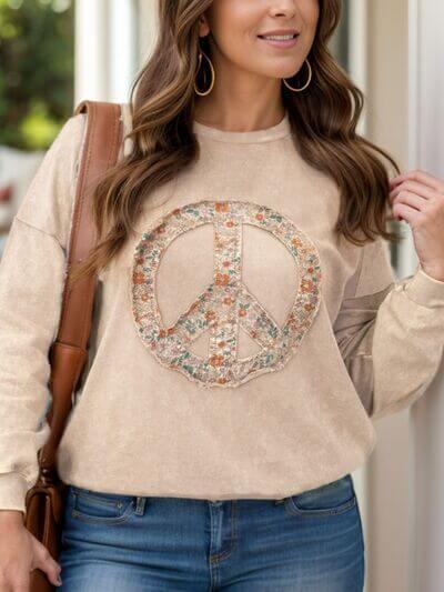 Plus Size Peace Sign Long Sleeve Sweatshirt - Clothes For Her Online Store