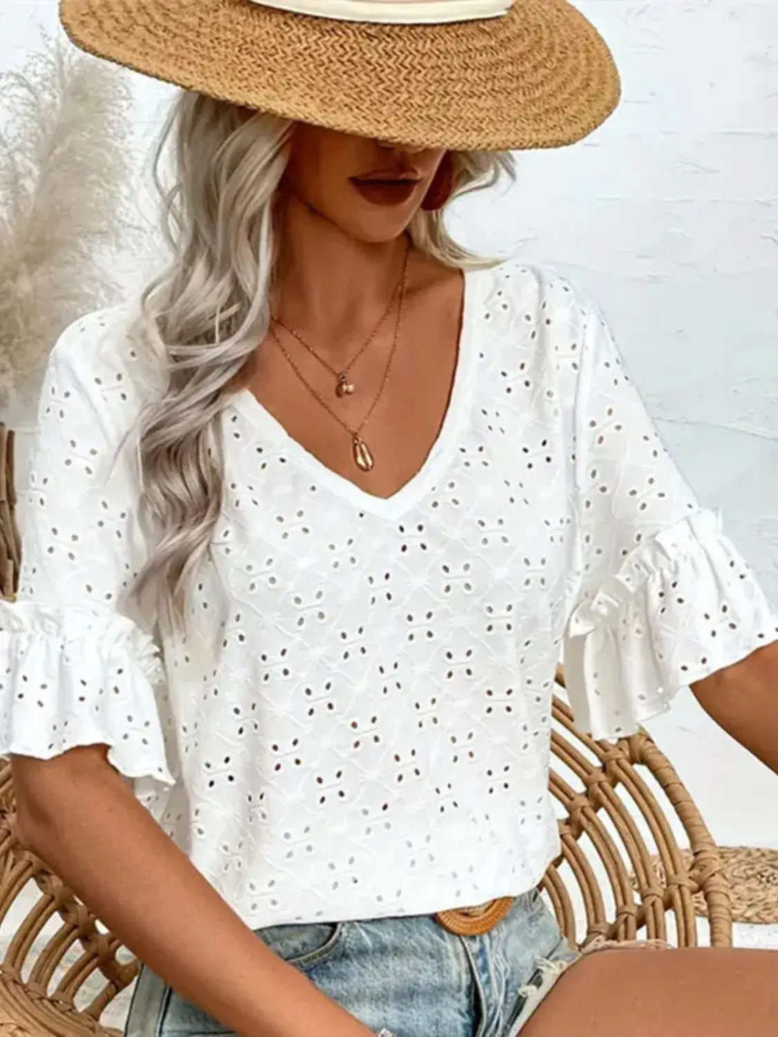 Eyelet V-Neck Half Sleeve Blouse