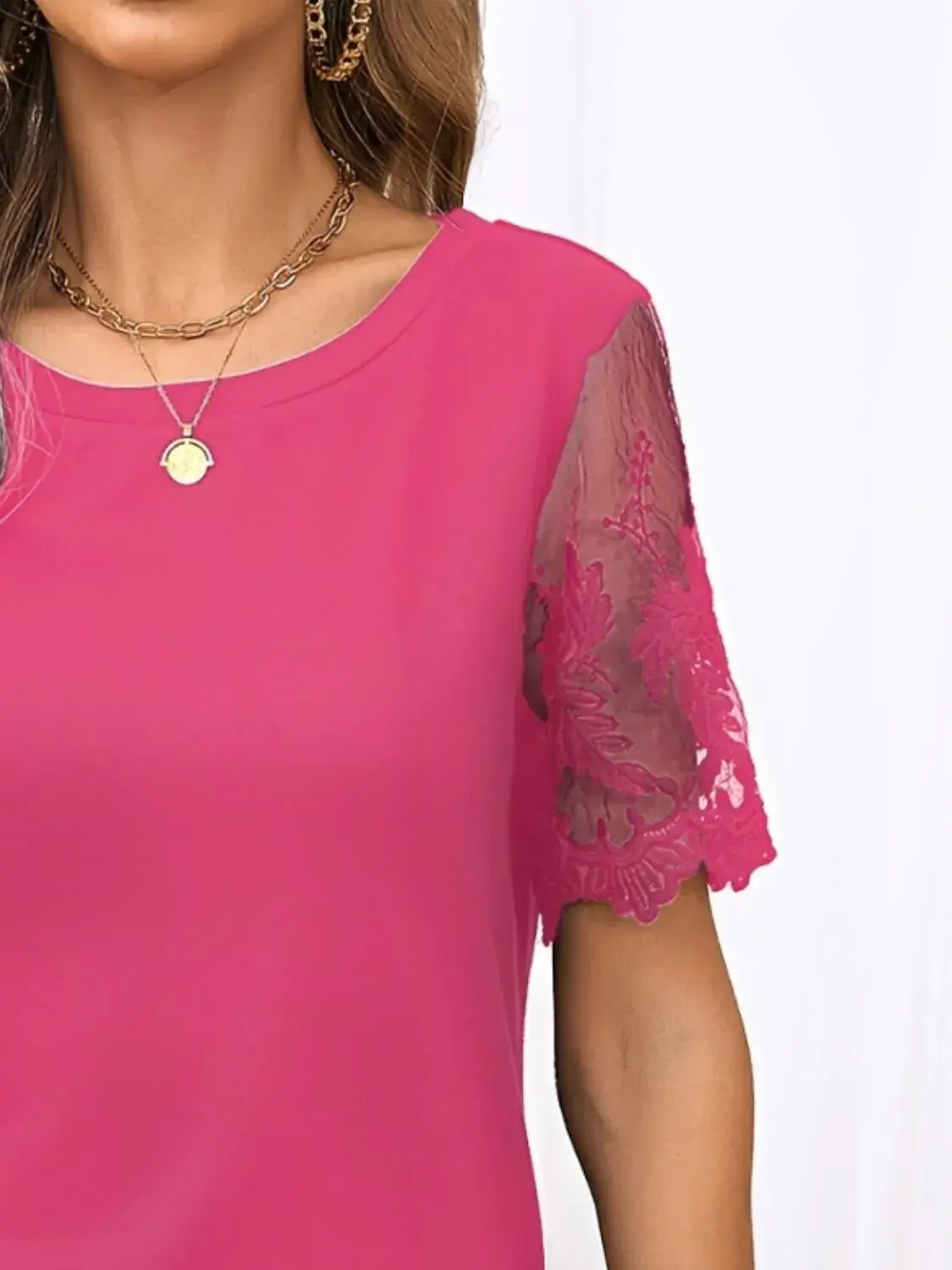 Lace Detail Round Neck Short Sleeve T-Shirt