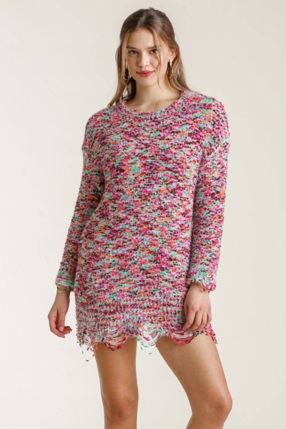 Umgee Full Size Distressed Hem Multicolored Round Neck Knit Tunic Dress Plus Size - Clothes For Her Online Store