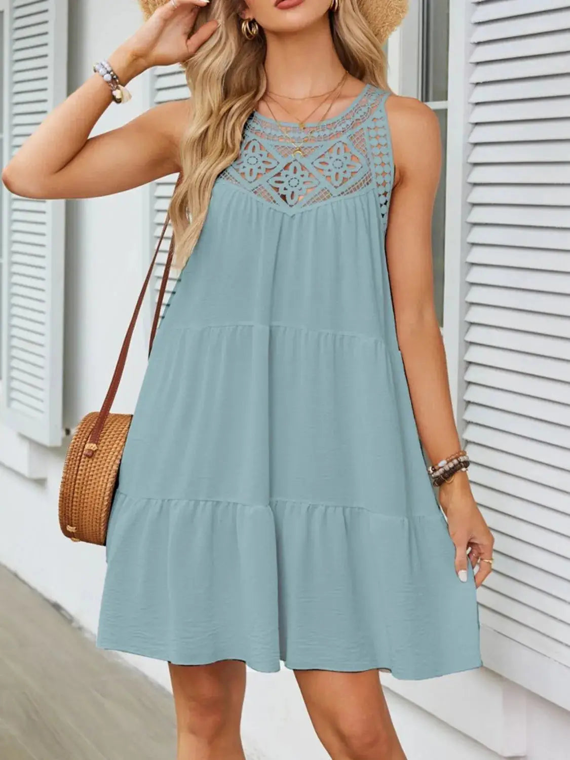 Ruffled Hem Lace Sleeveless Dress - Clothes For Her Online Store