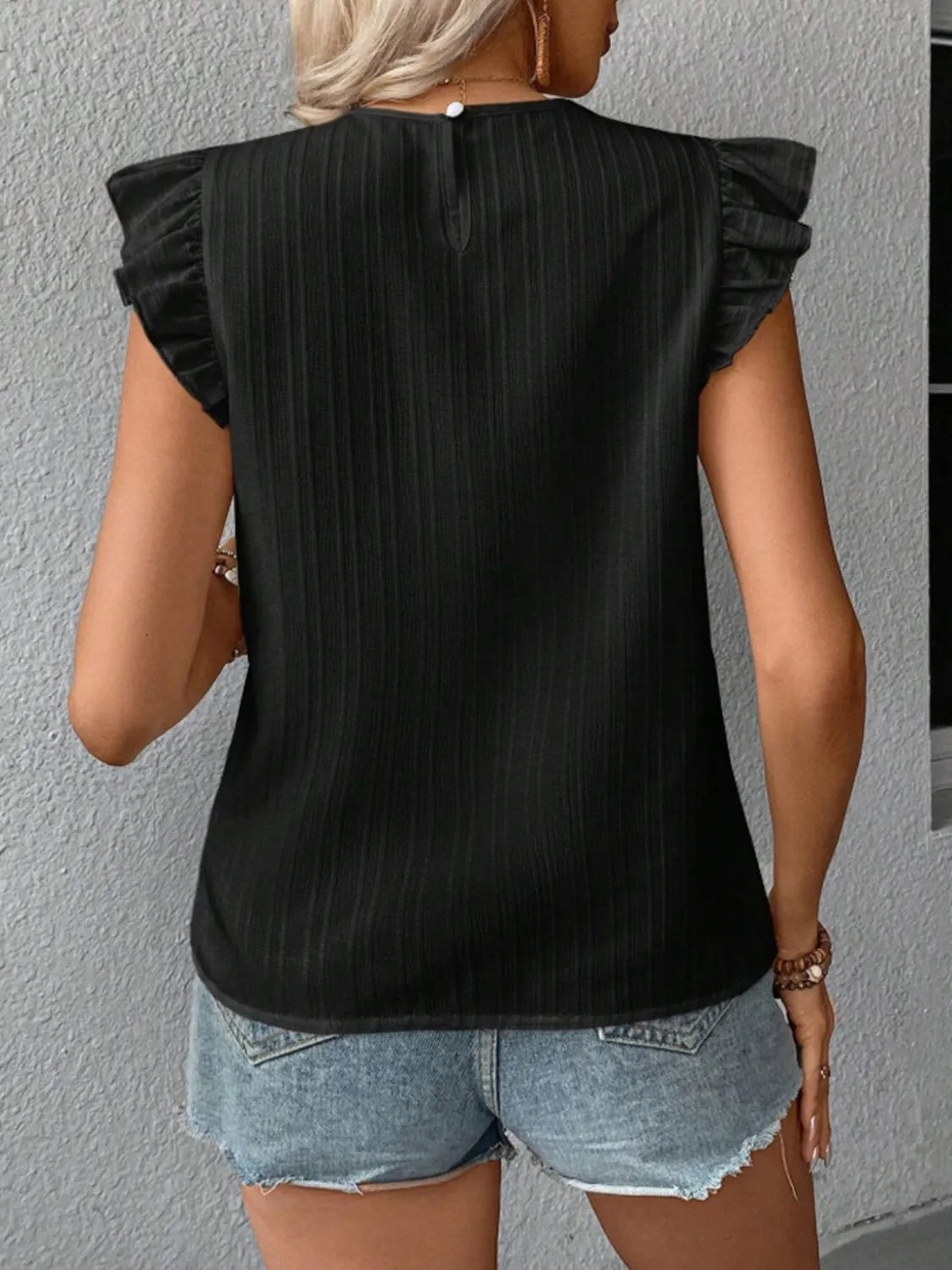 Ruffled Round Neck Cap Sleeve Blouse