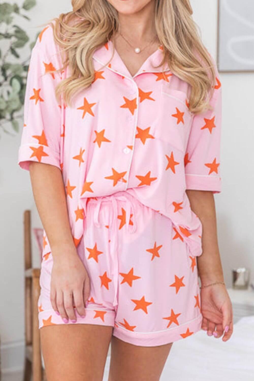 Star Print Short Sleeve Shirt and Shorts Set