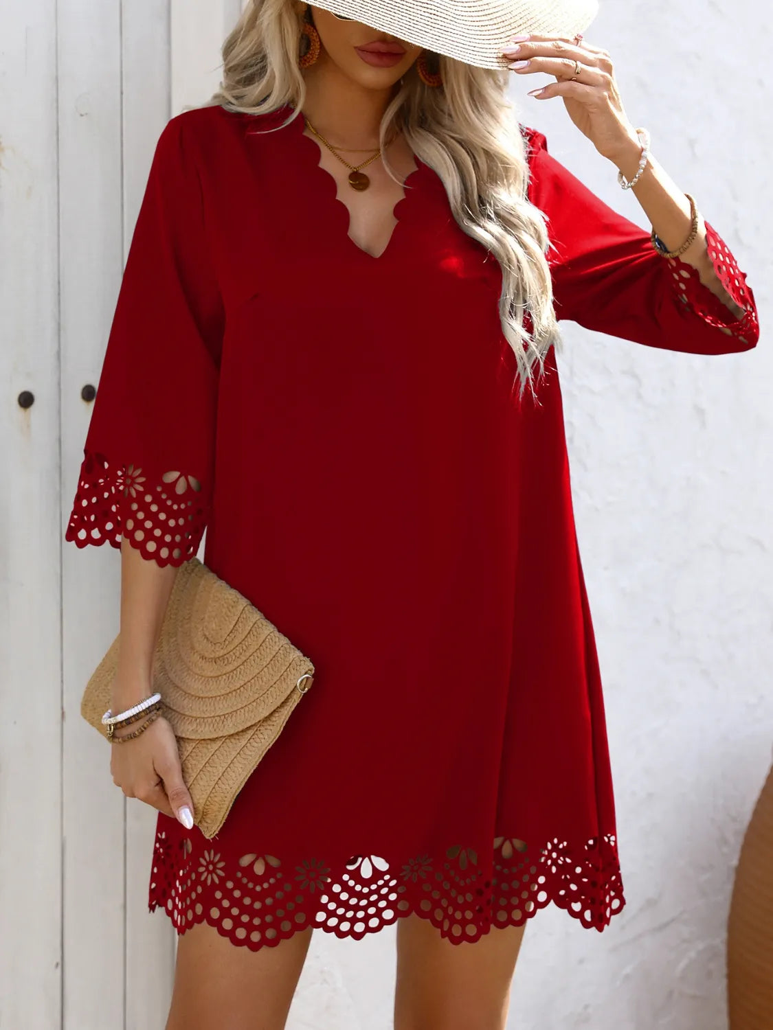 Cutout V-Neck Three-Quarter Sleeve Mini Dress