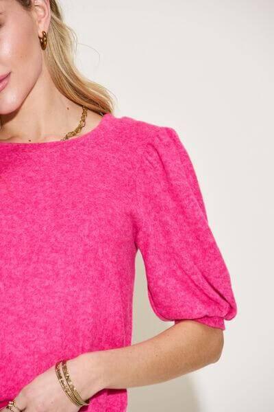 Zenana Round Neck Lantern Half Sleeve Sweater - Clothes For Her Online Store
