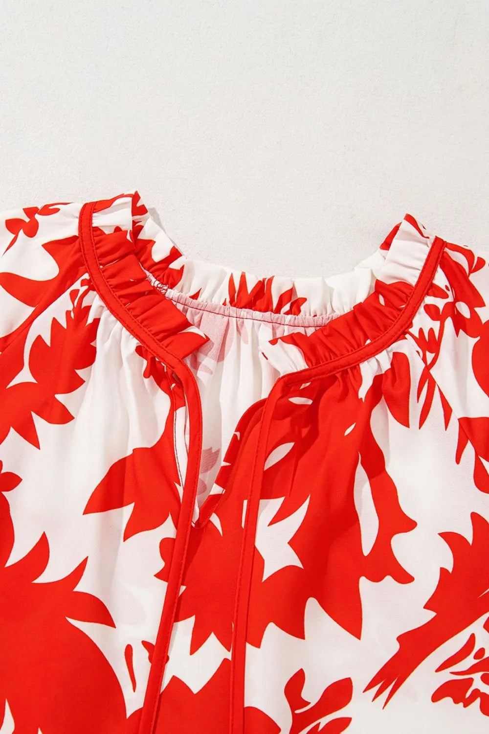 Plant Print Tiered Ruffled Sleeve Tie Neck Blouse