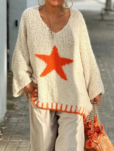 Star V-Neck Long Sleeve Oversize Sweater - Clothes For Her Online Store