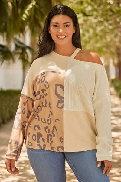 Plus Size Leopard Color Block Long Sleeve T-Shirt - Clothes For Her Online Store