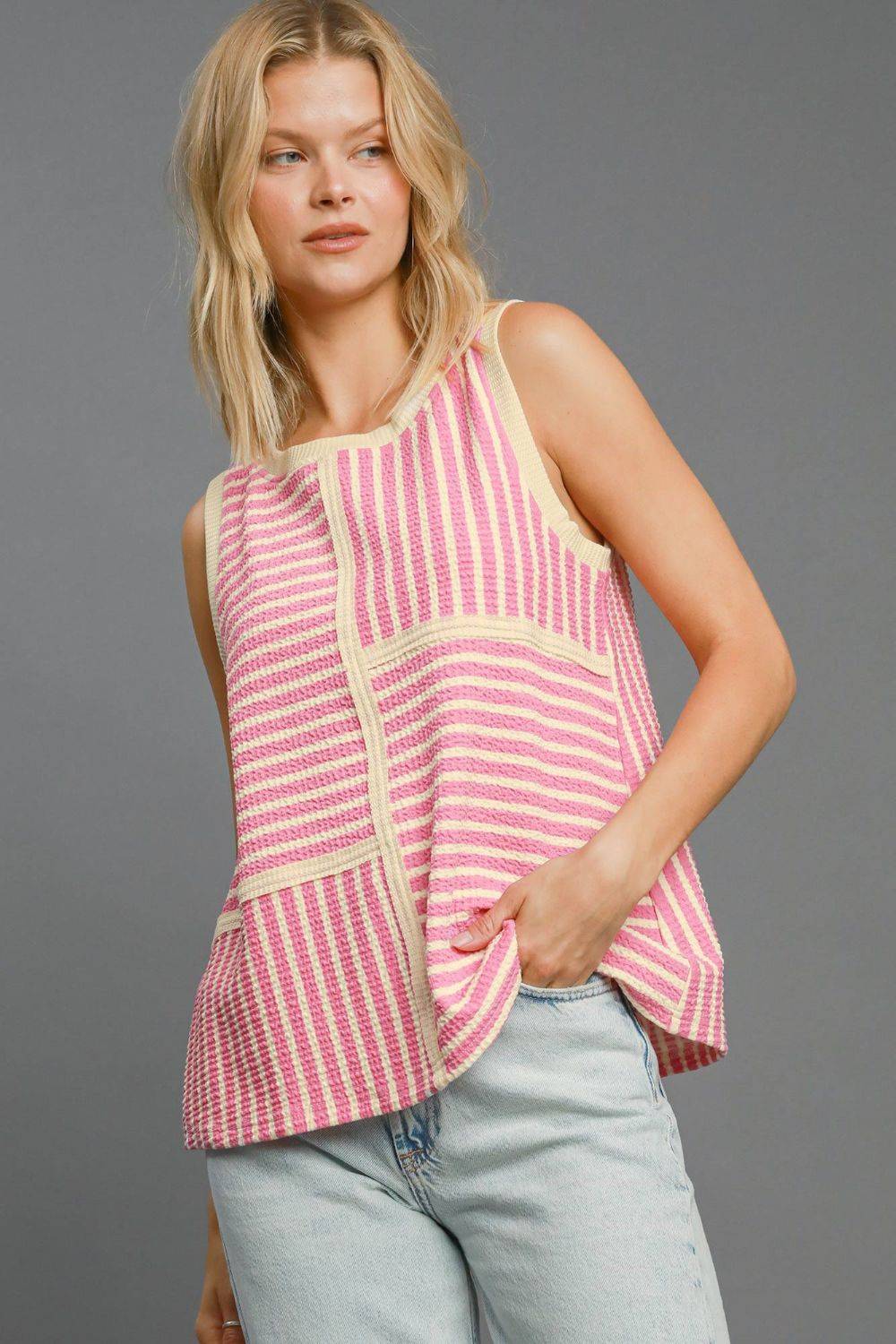 Umgee Round Neck Texture Striped Tank - Clothes For Her Online Store