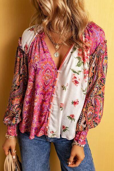 Plus Size Frill Printed V-Neck Long Sleeve Blouse