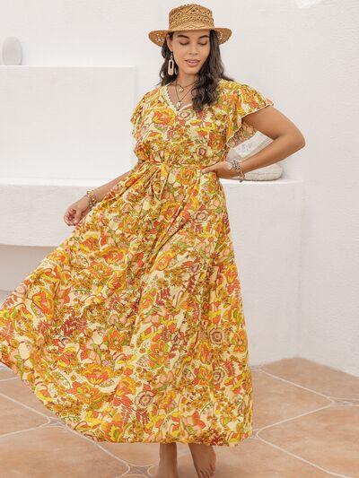 Plus Size Printed V-Neck Flutter Sleeve Tie Waist Maxi Dress