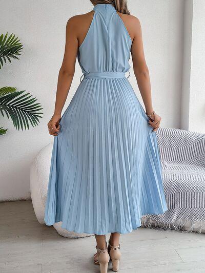 Grecian Neck Tie Waist Pleated Dress