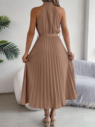 Grecian Neck Tie Waist Pleated Dress