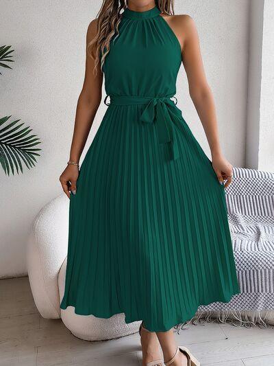 Grecian Neck Tie Waist Pleated Dress