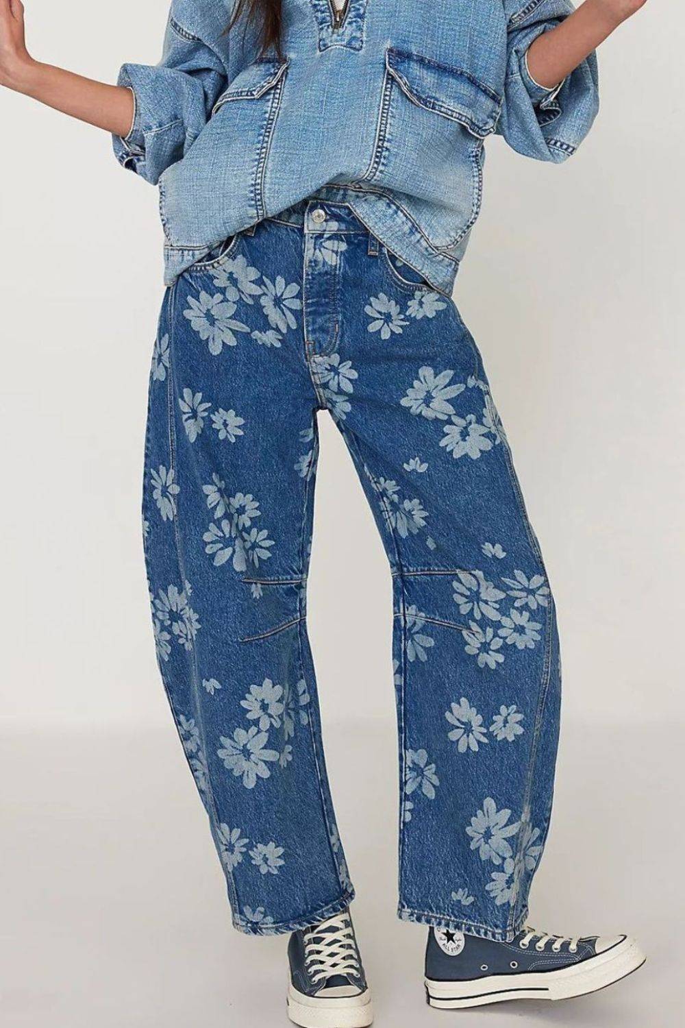 Flower Print Wide Leg Jeans - Clothes For Her Online Store