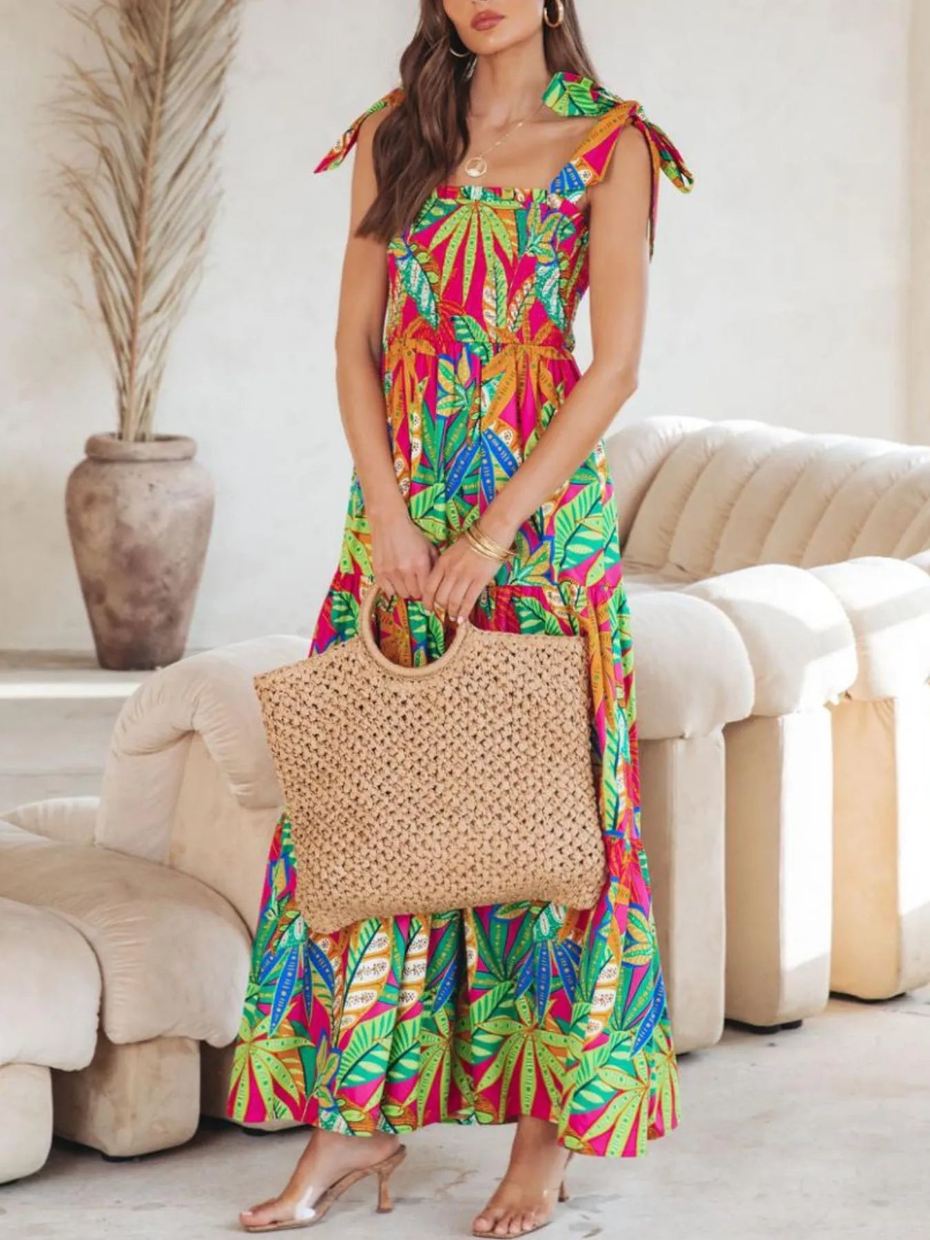 Tropical Print Tie Shoulder Maxi Dress