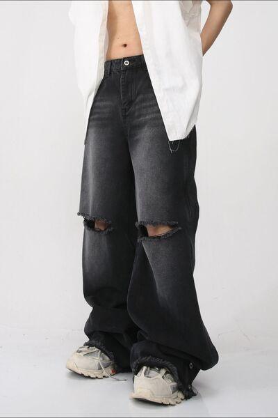 Distressed Raw Hem Wide Leg Men's Jeans