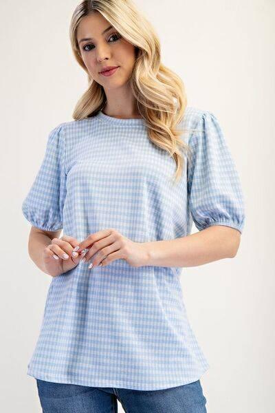 Celeste Full Size Gingham Print Top With Puff Sleeves Plus Size