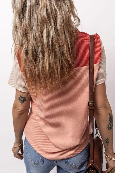 Color Block Round Neck Short Sleeve T-Shirt - Clothes For Her Online Store