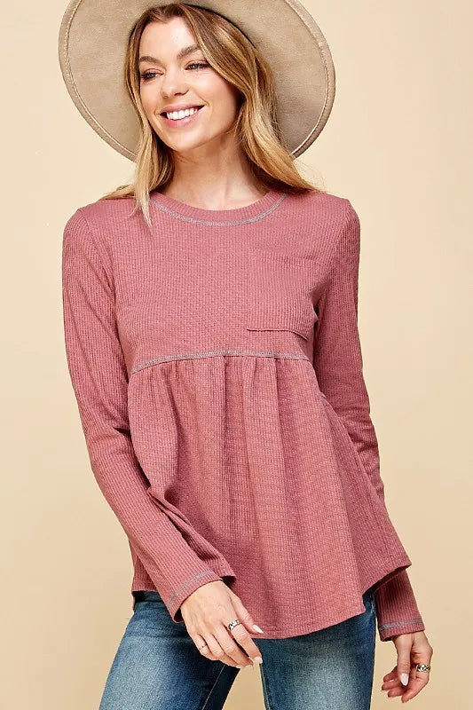 Lime 'N' Chili Waffle Knit Babydoll Top with Left Pocket Detail