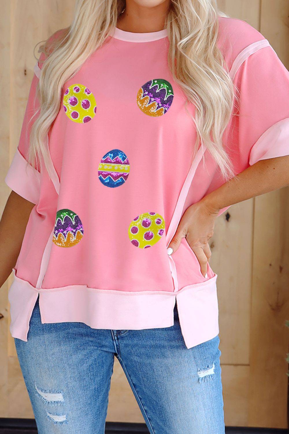 Sequined Easter Egg Short Sleeve T-Shirt - Clothes For Her Online Store