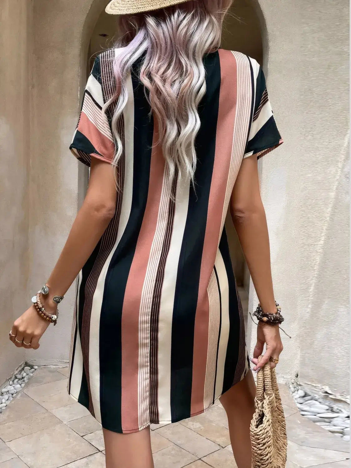 Striped Notched Short Sleeve Dress