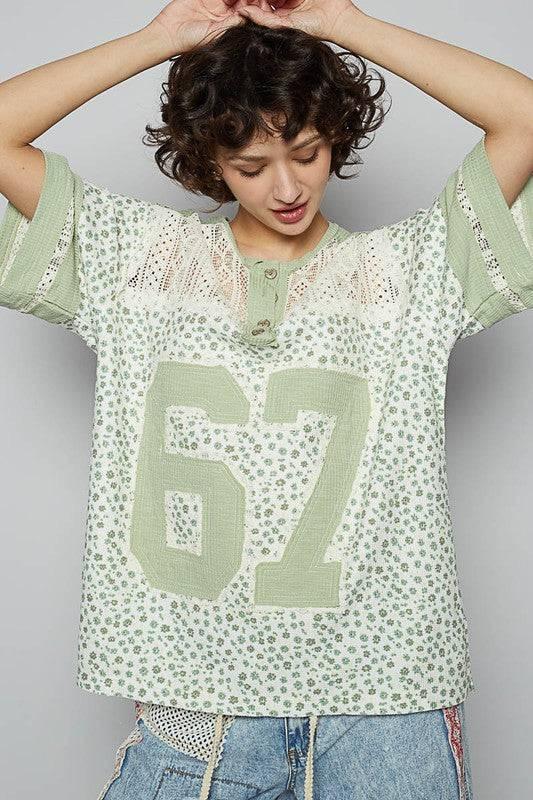 POL Number Floral Crochet Button Detail Half Sleeve Top