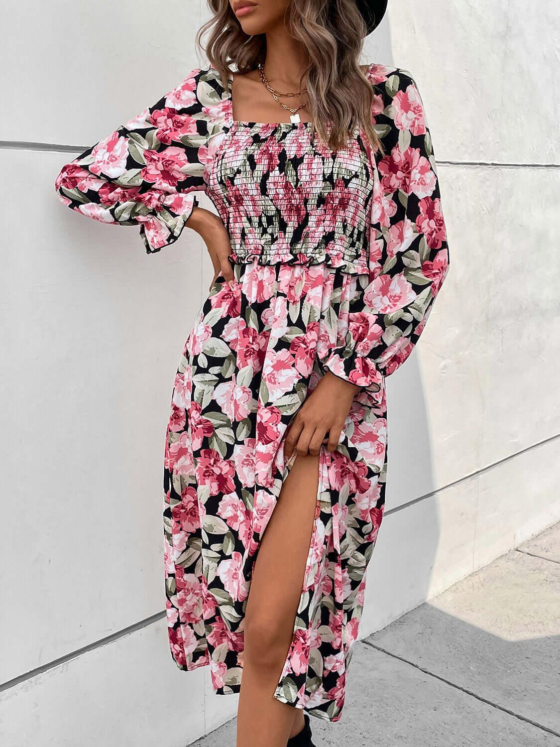 Perfee Slit Smocked Floral Flounce Sleeve Dress - Clothes For Her Online Store