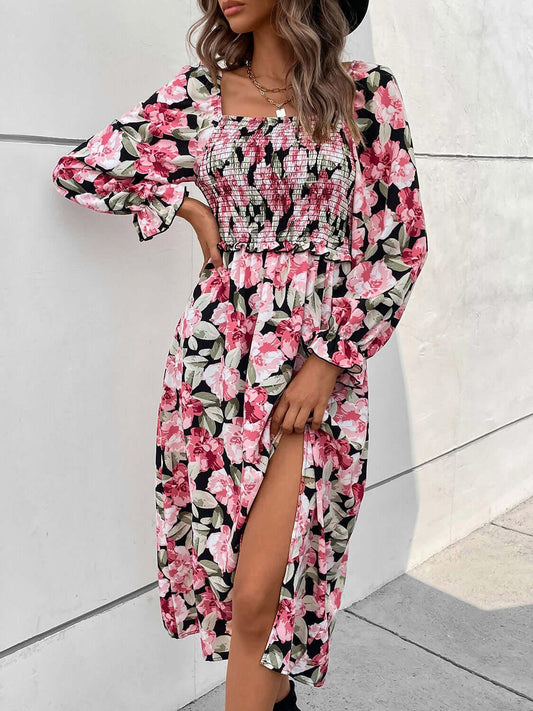 Perfee Slit Smocked Floral Flounce Sleeve Dress - Clothes For Her Online Store