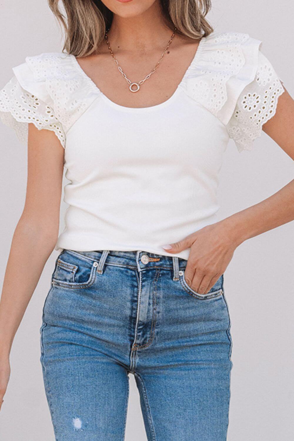 Eyelet Ruffle Sleeve Slim Top