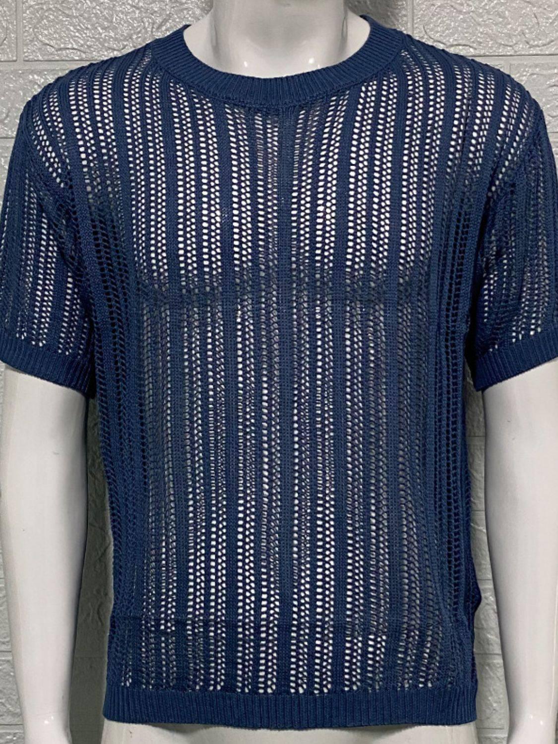 Men's Openwork Round Neck Knit T-Shirt - Clothes For Her Online Store