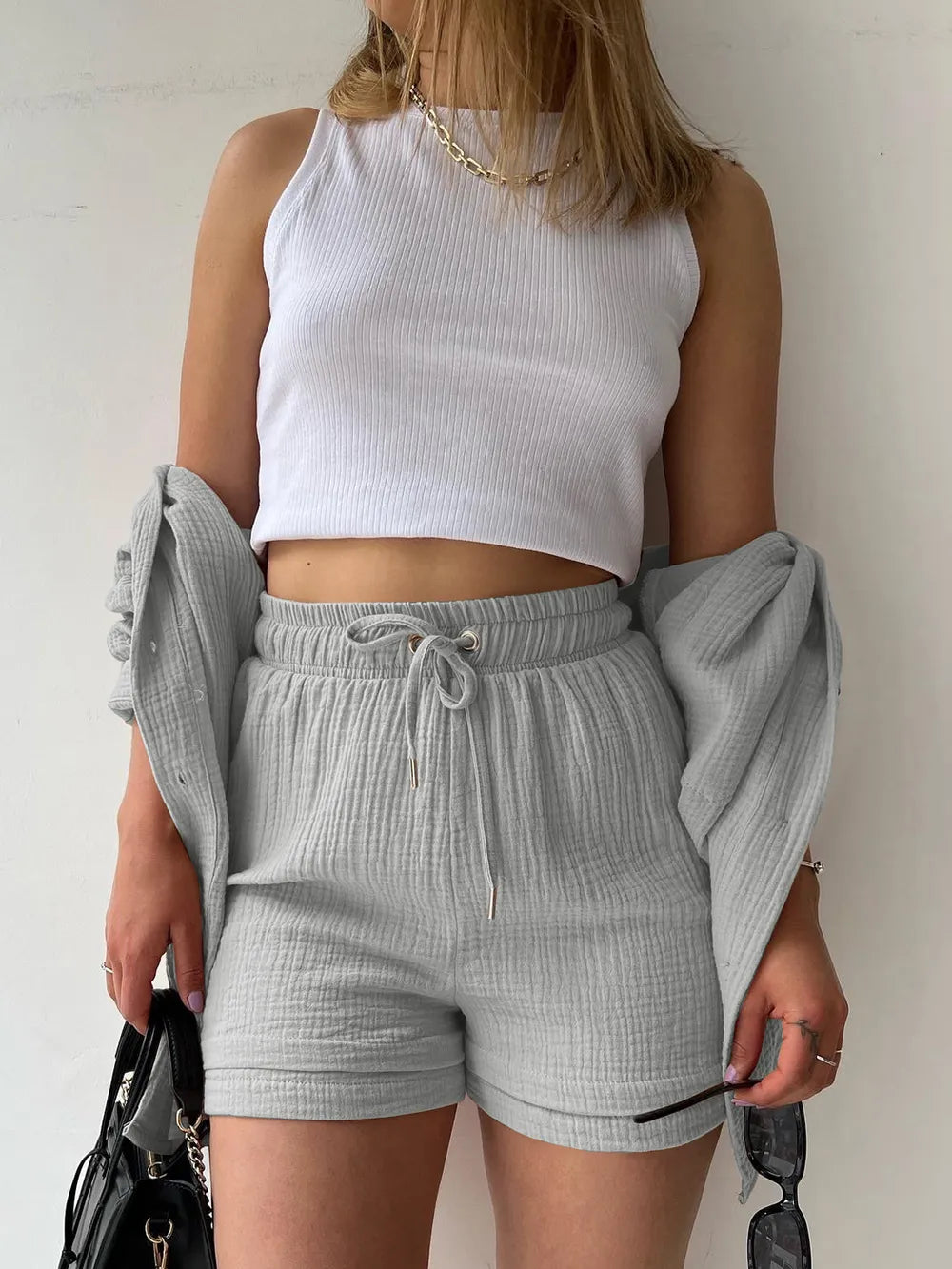 Texture Button Up Shirt and Drawstring Shorts Set - Clothes For Her Online Store