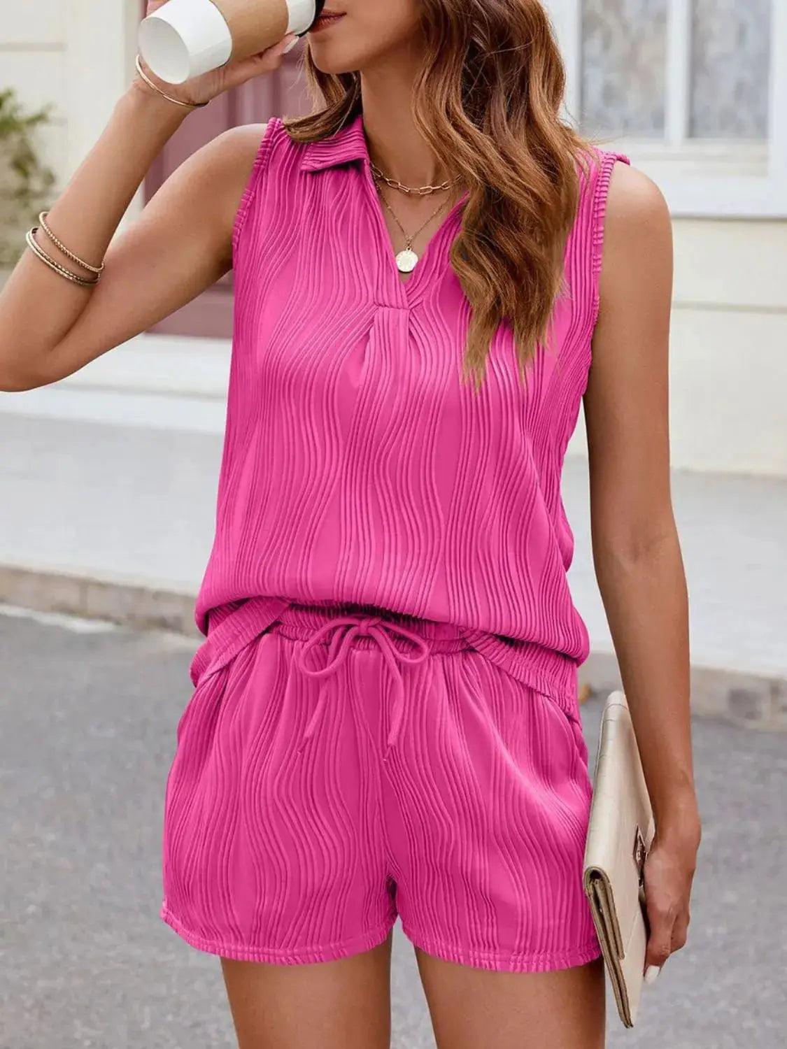 Textured Johnny Collar Top and Shorts Set