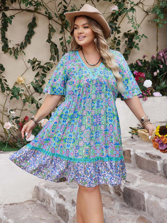 Plus Size Ruffled Hem Lace Detail Printed Half Sleeve Dress - Clothes For Her Online Store