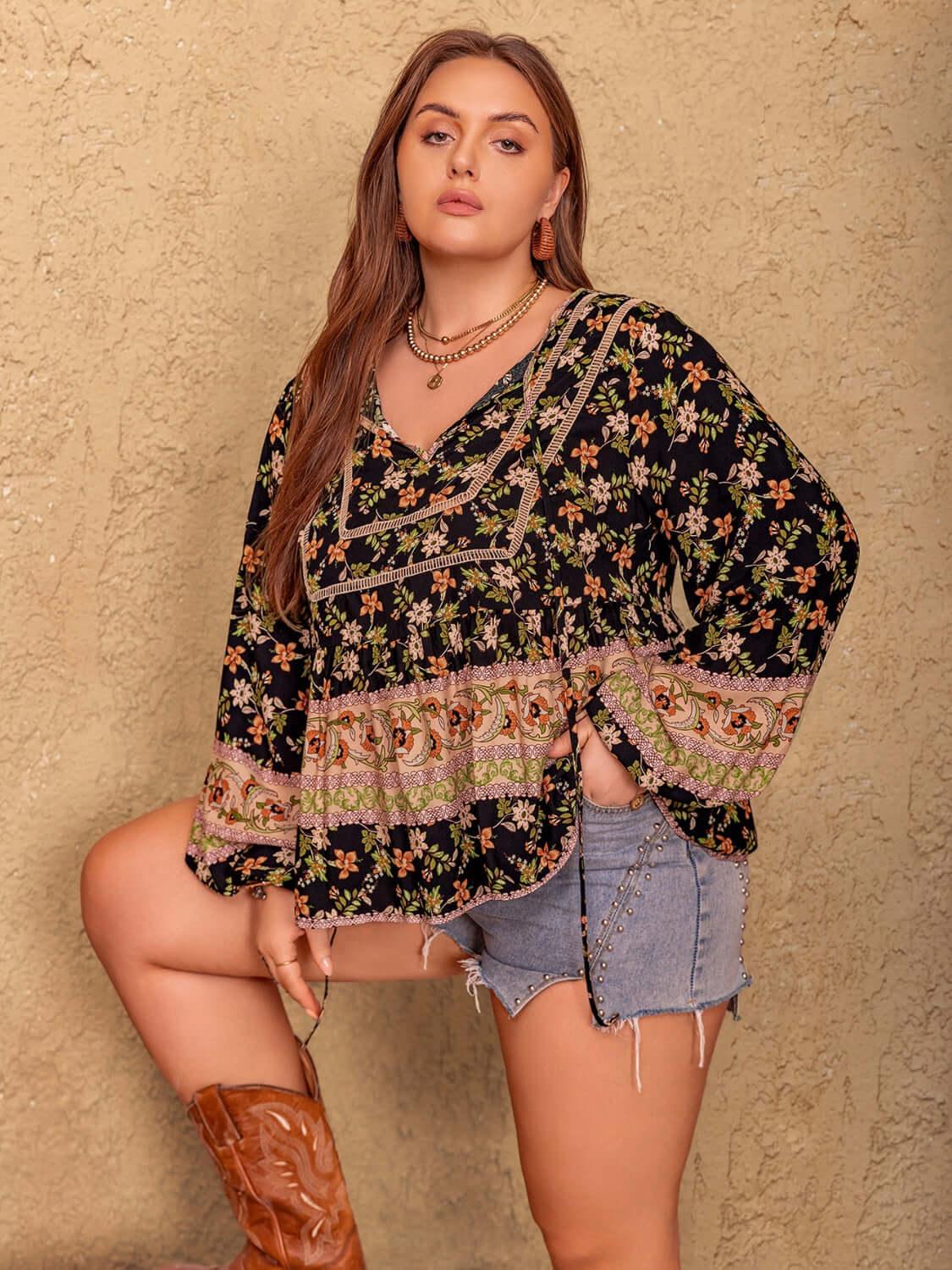 Plus Size Printed Tie Neck Balloon Sleeve Blouse