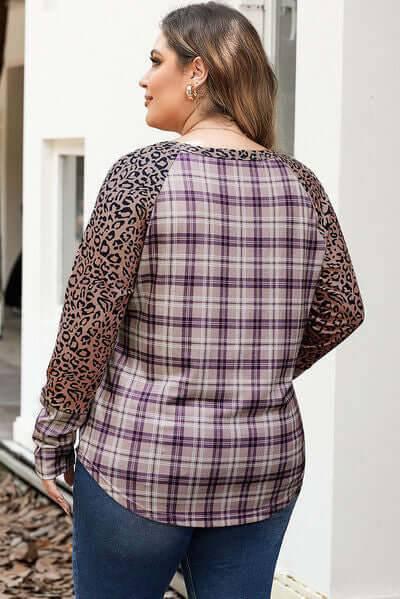 Plus Size Leopard Raglan Sleeve Plaid T-Shirt - Clothes For Her Online Store