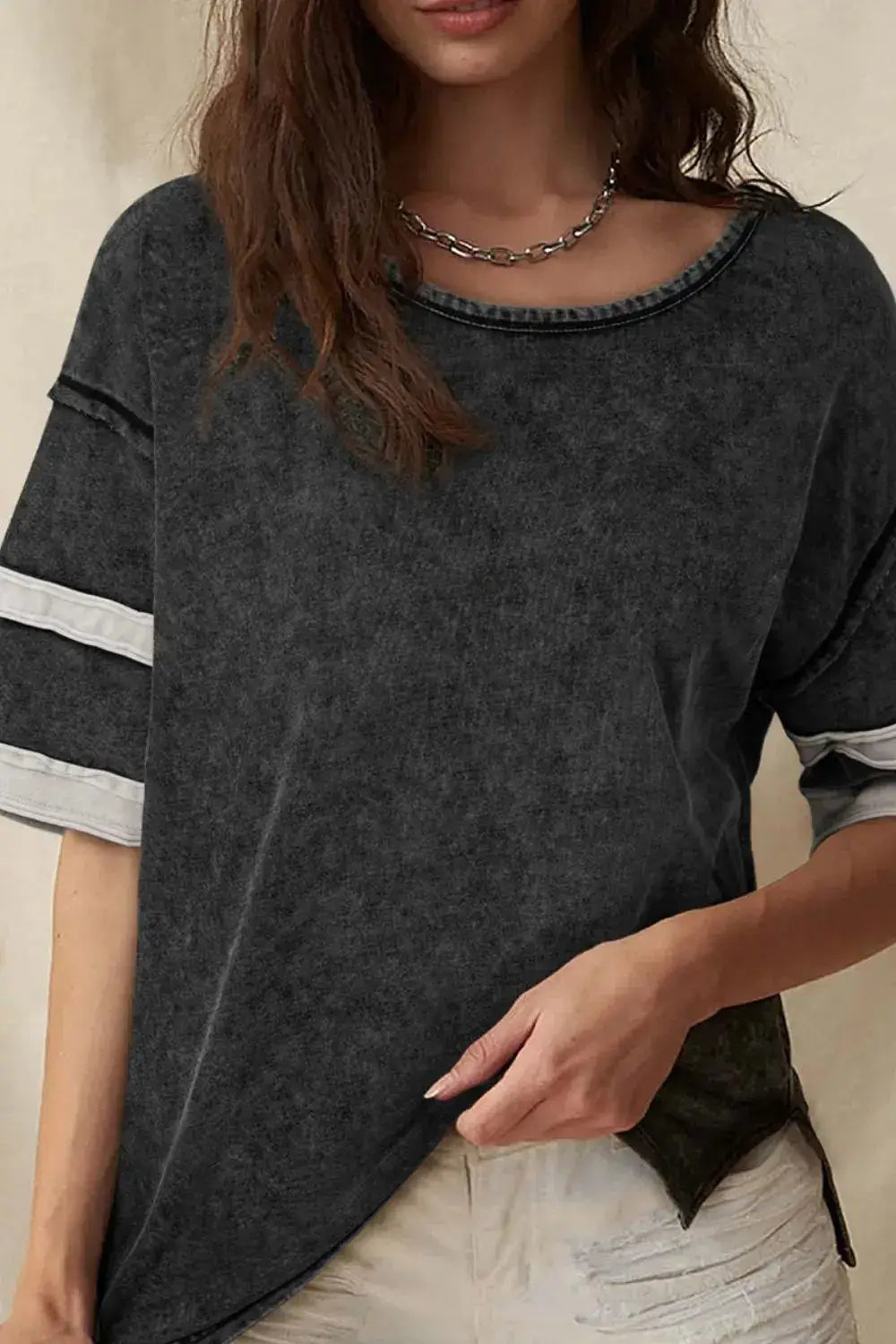 Contrast Round Neck Half Sleeve T-Shirt - Clothes For Her Online Store