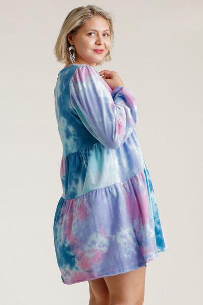 Umgee Full Size Tie Dye Round Neck Long Sleeve Babydoll Tiered Dress Plus Size - Clothes For Her Online Store