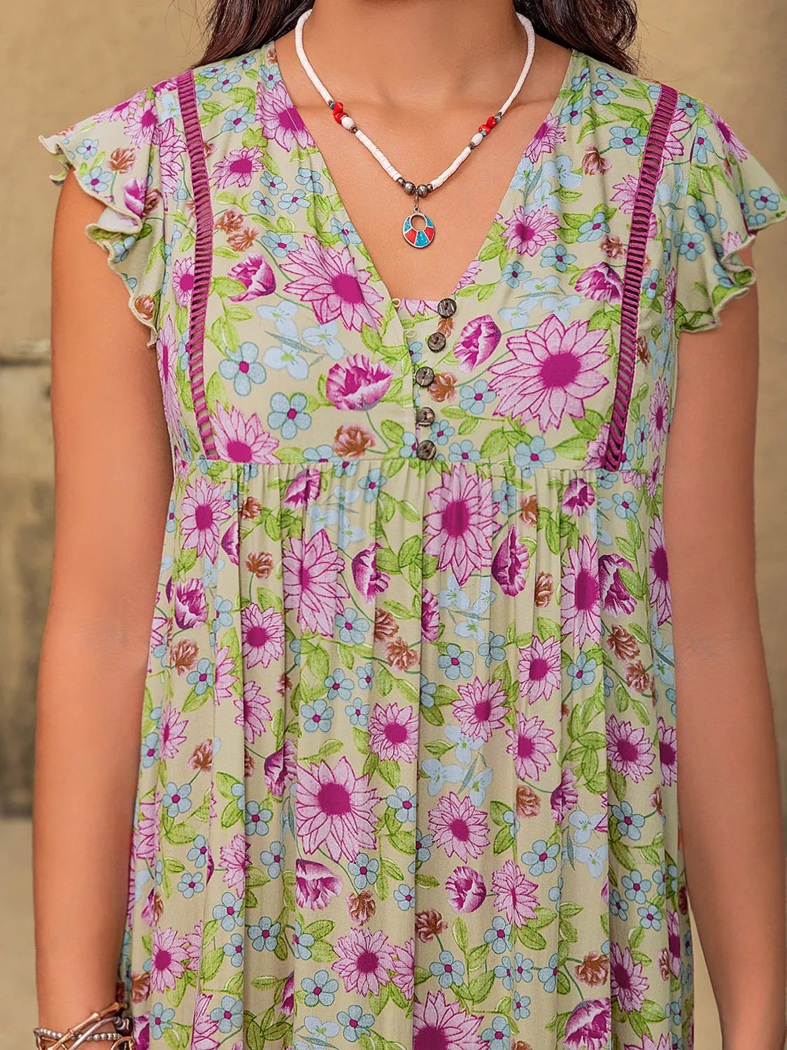 Plus Size Ruffled Printed V-Neck Midi Dress