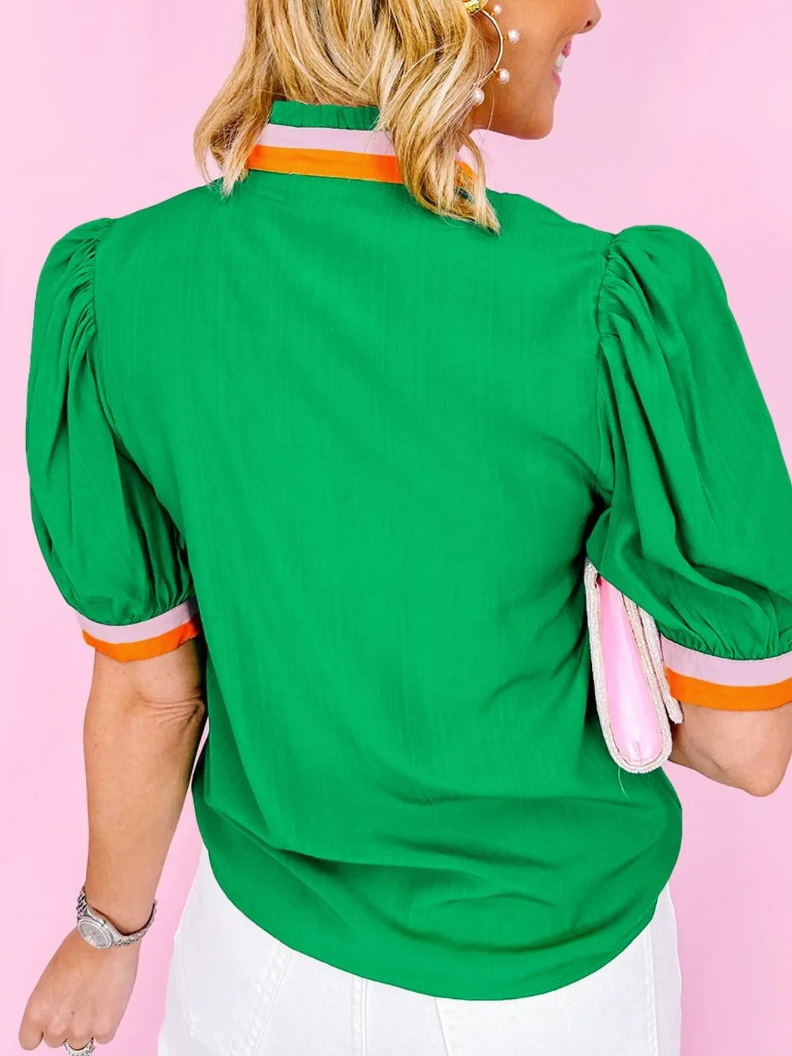 Carrot Colorful Trim V Neck Short Sleeve Blouse