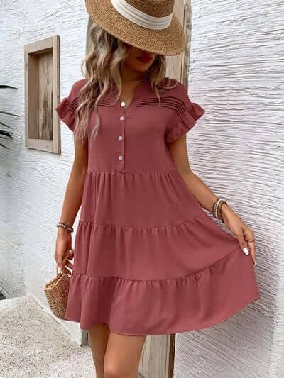 Perfee Tiered Notched Flounce Sleeve Mini Dress