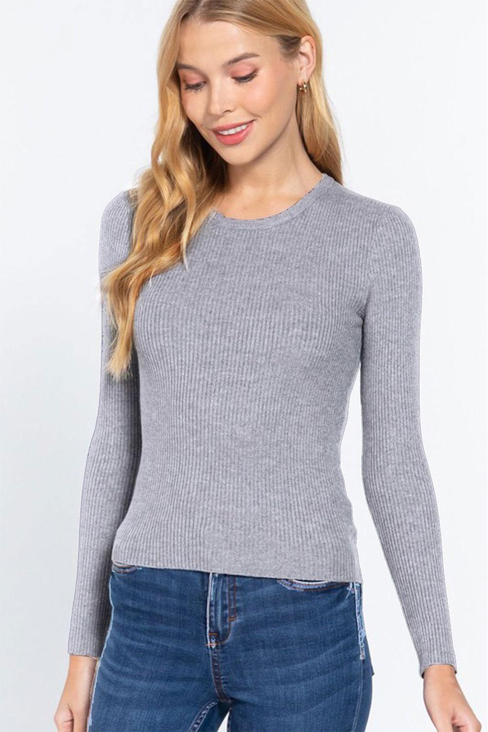 ACTIVE BASIC Full Size Ribbed Round Neck Long Sleeve Knit Top - Clothes For Her Online Store