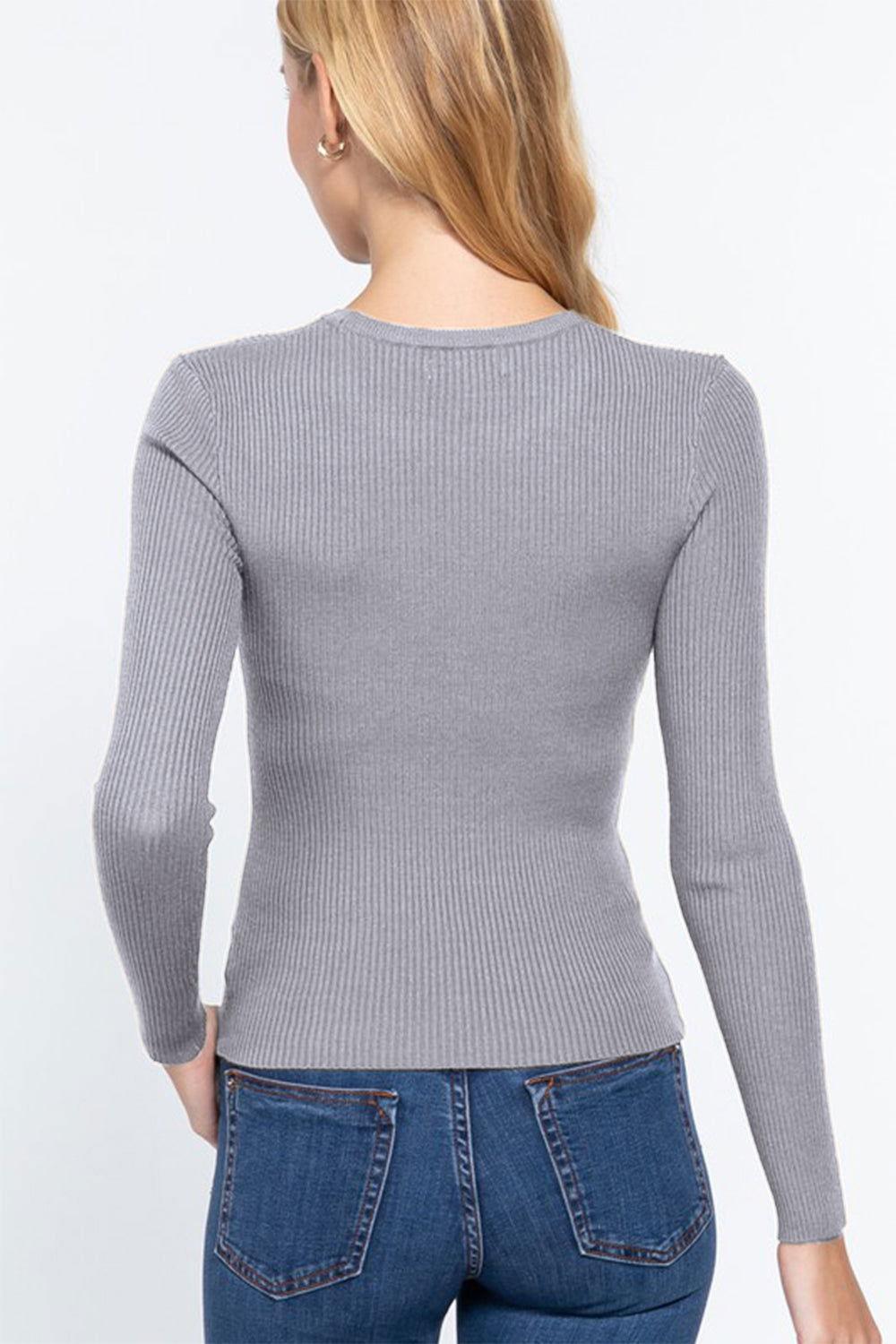 ACTIVE BASIC Full Size Ribbed Round Neck Long Sleeve Knit Top - Clothes For Her Online Store