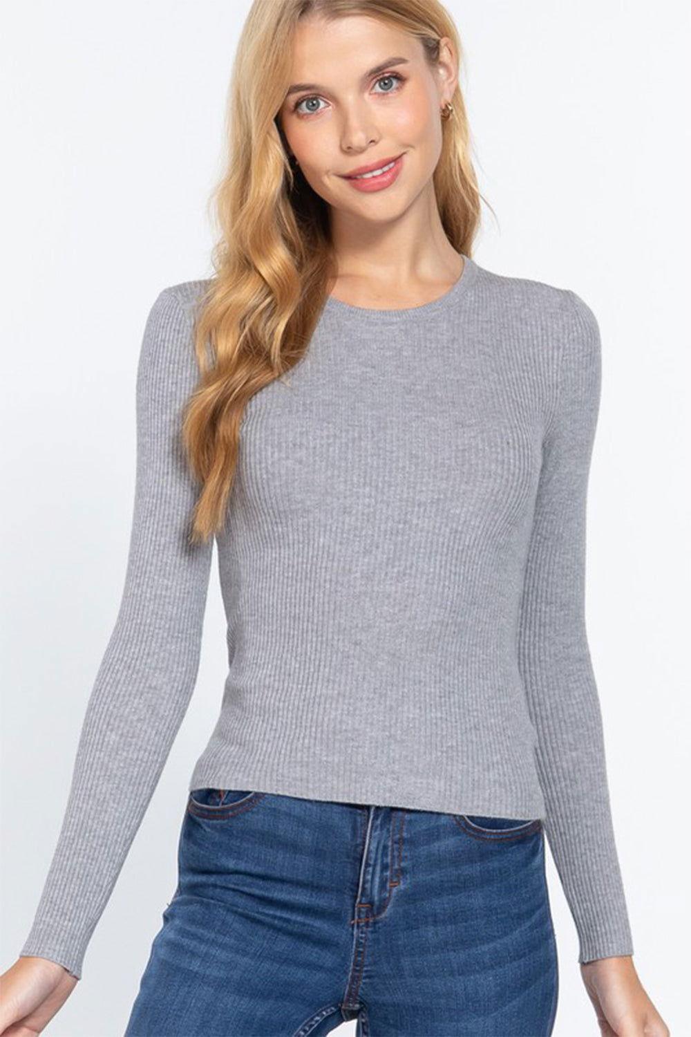 ACTIVE BASIC Full Size Ribbed Round Neck Long Sleeve Knit Top - Clothes For Her Online Store