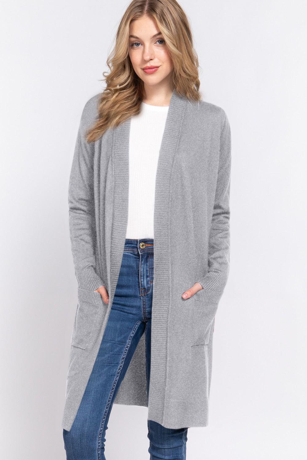 ACTIVE BASIC Open Front Rib Trim Long Sleeve Knit Cardigan - Clothes For Her Online Store
