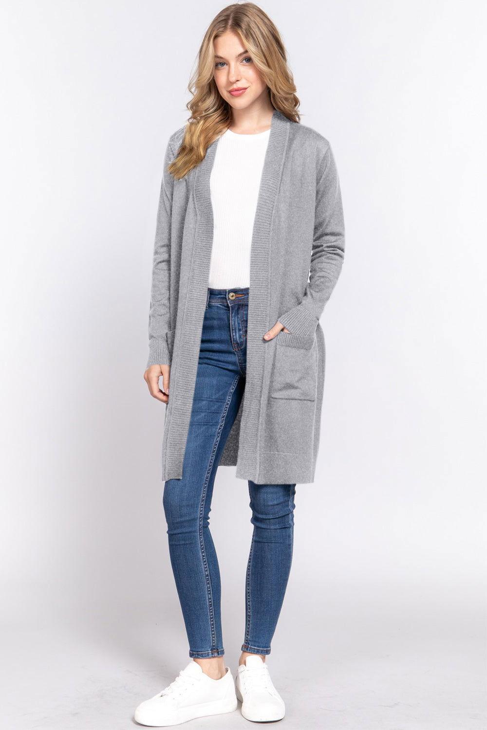 ACTIVE BASIC Open Front Rib Trim Long Sleeve Knit Cardigan - Clothes For Her Online Store