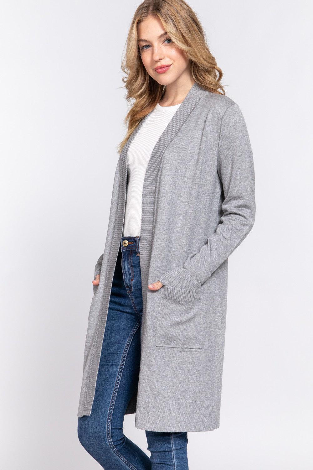 ACTIVE BASIC Open Front Rib Trim Long Sleeve Knit Cardigan - Clothes For Her Online Store