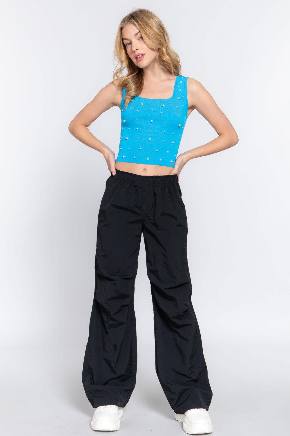 ACTIVE BASIC Pearl Detail Square Neck Cropped Tank - Clothes For Her Online Store